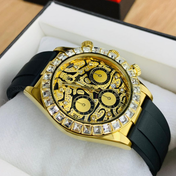 Stone Studded Strap Watch – Gold Dial Luxury Edition